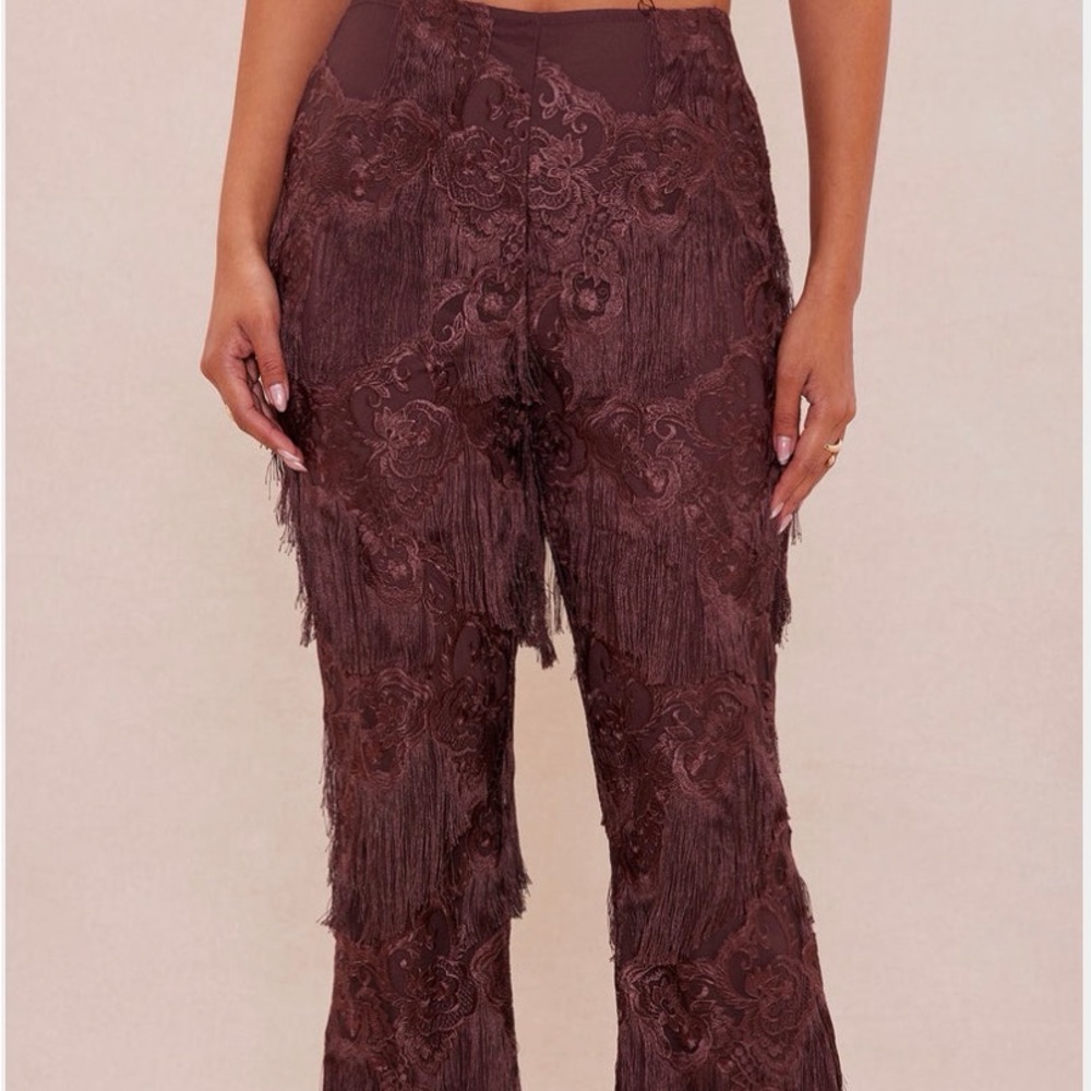 Fringed Floral Lace Wide-Leg Pants in Chocolate Brown